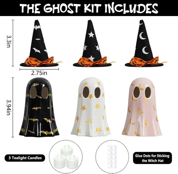 Halloween ghost kit with witch hats and ghosts, including dimensions and included items.