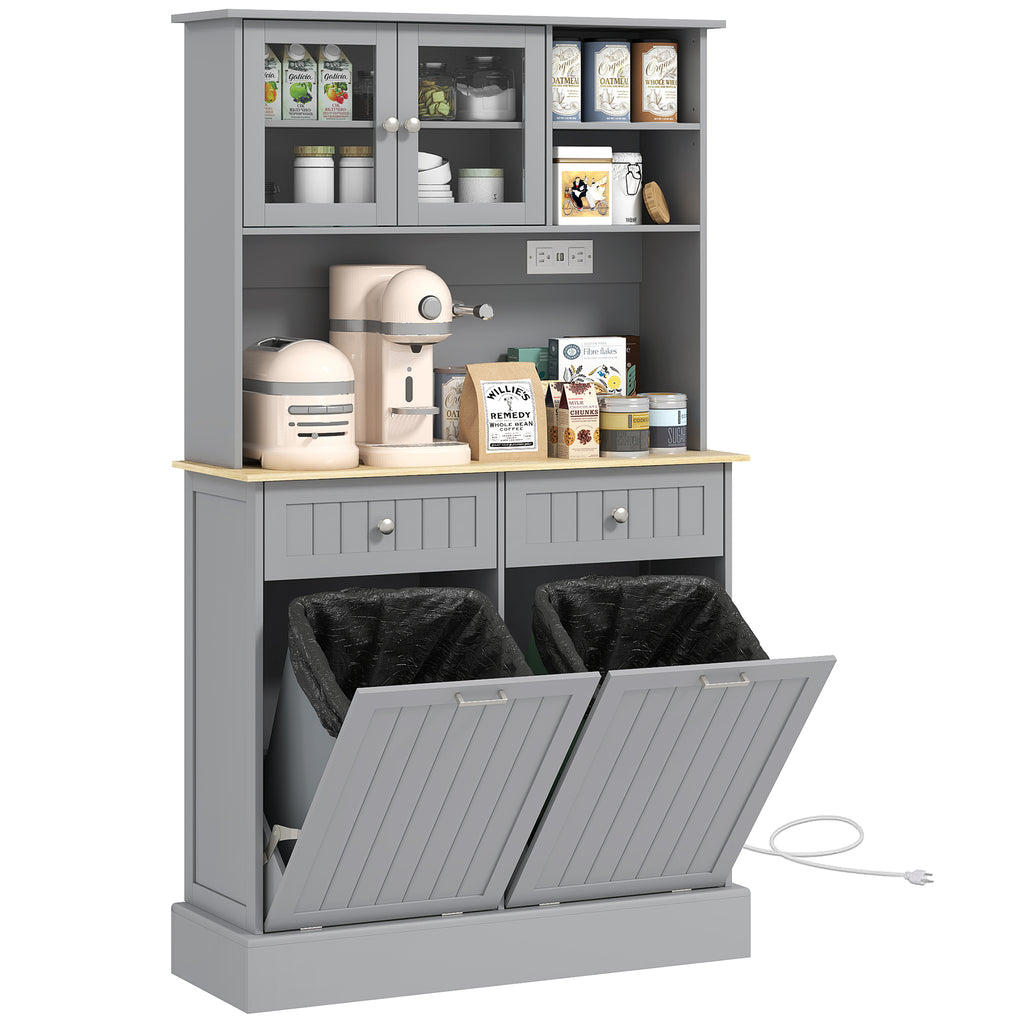 Gray storage cabinet with pull-out trash bins on a white background