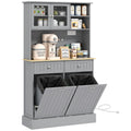Gray storage cabinet with pull-out trash bins on a white background