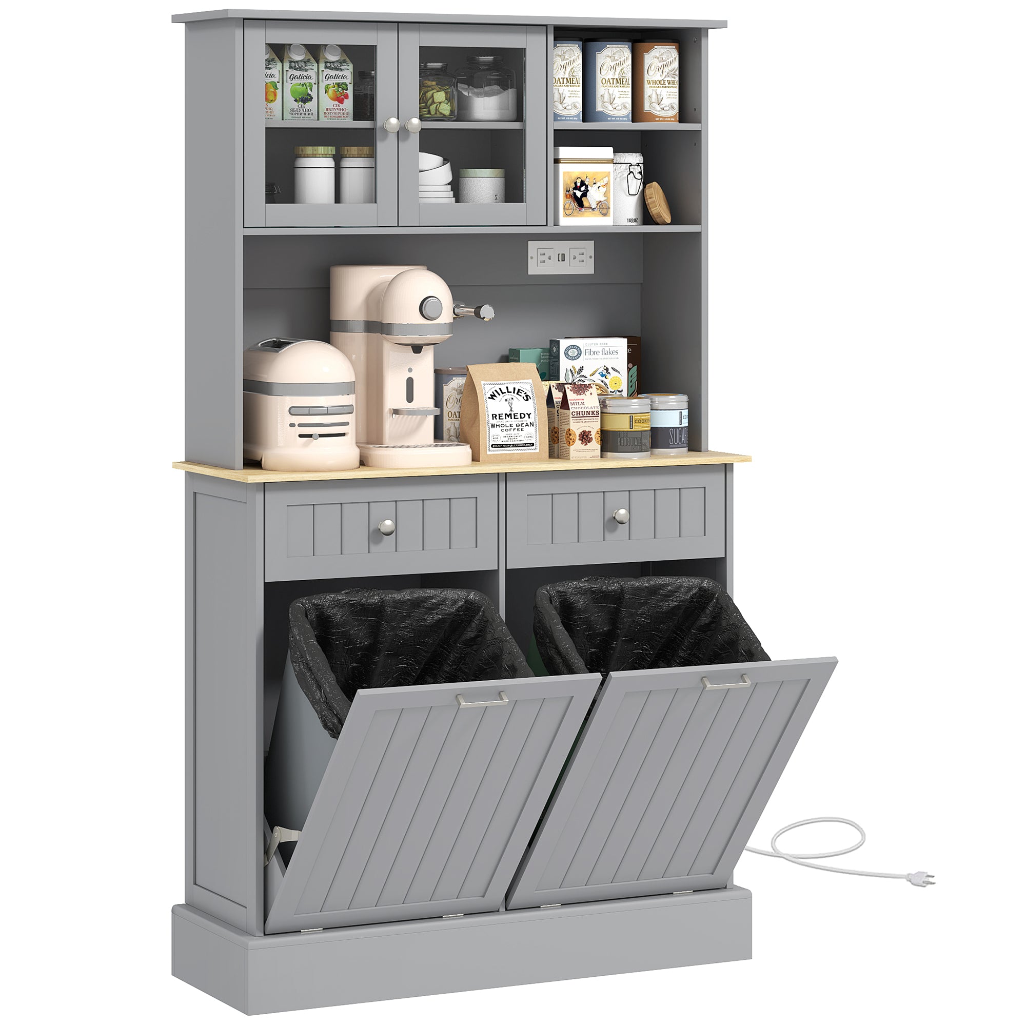 Gray storage cabinet with pull-out trash bins on a white background