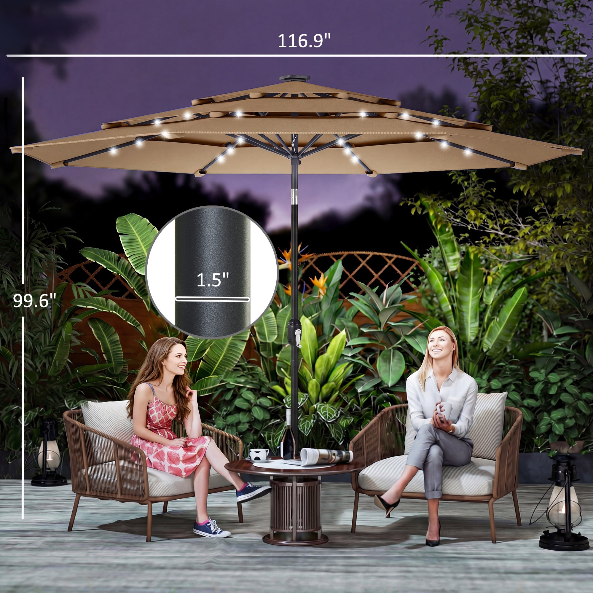 Patio umbrella with dimensions displayed over a garden setting with two people sitting.