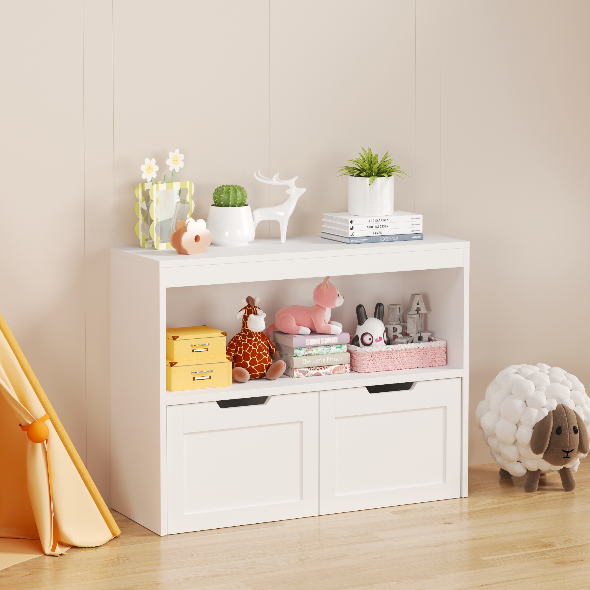 White storage cabinet with decorative items in a room setting