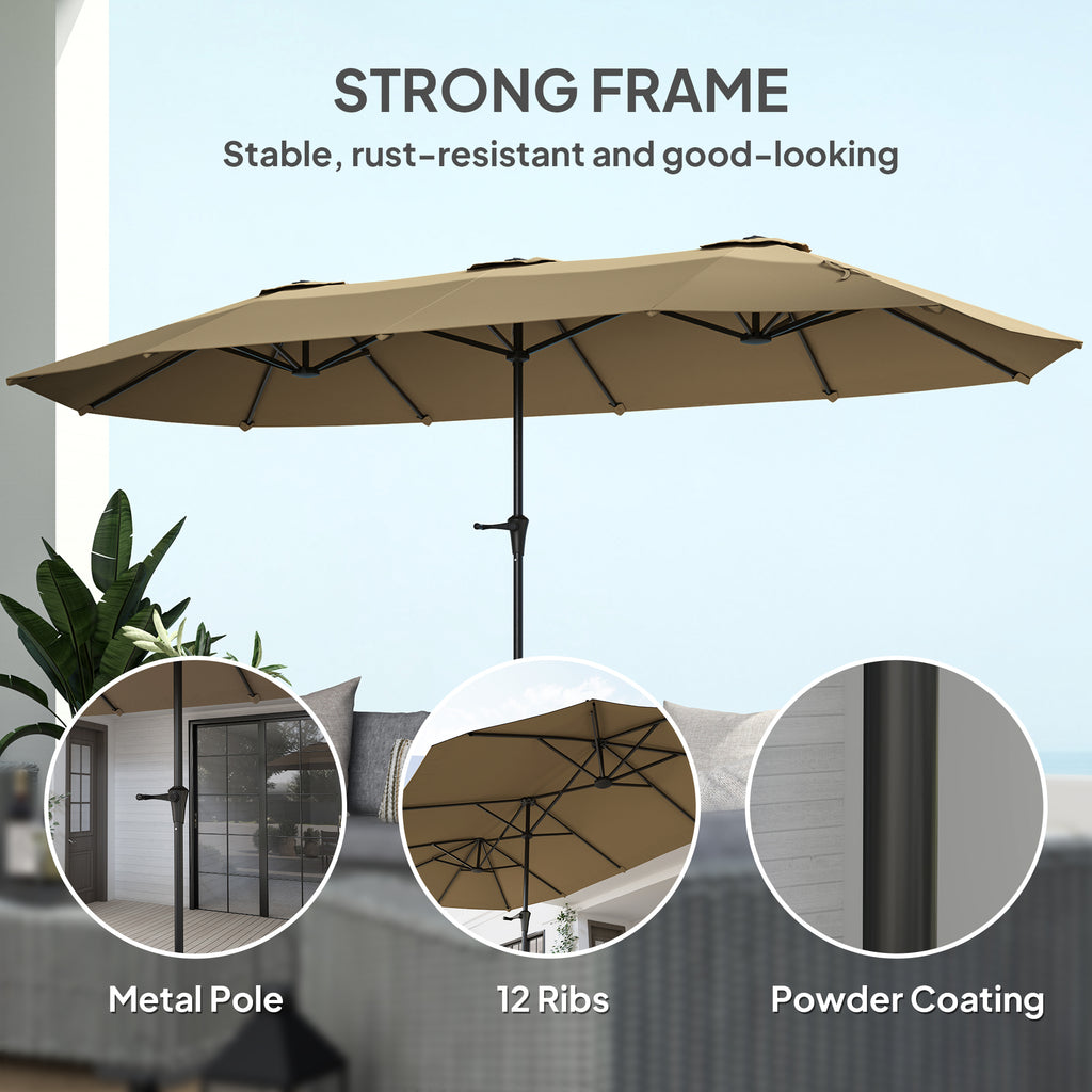 Beige patio umbrella with features highlighted on a clear sky background