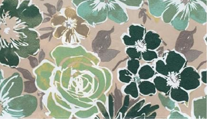 Floral pattern with green, brown, and beige colors on a beige background