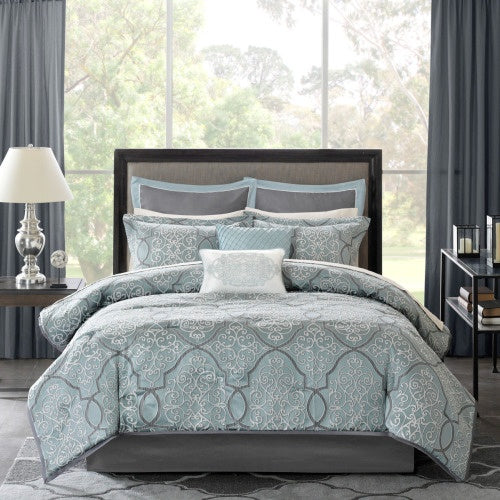 12-Piece Jacquard Comforter Set with Cotton Bed Sheets – Blue, California King