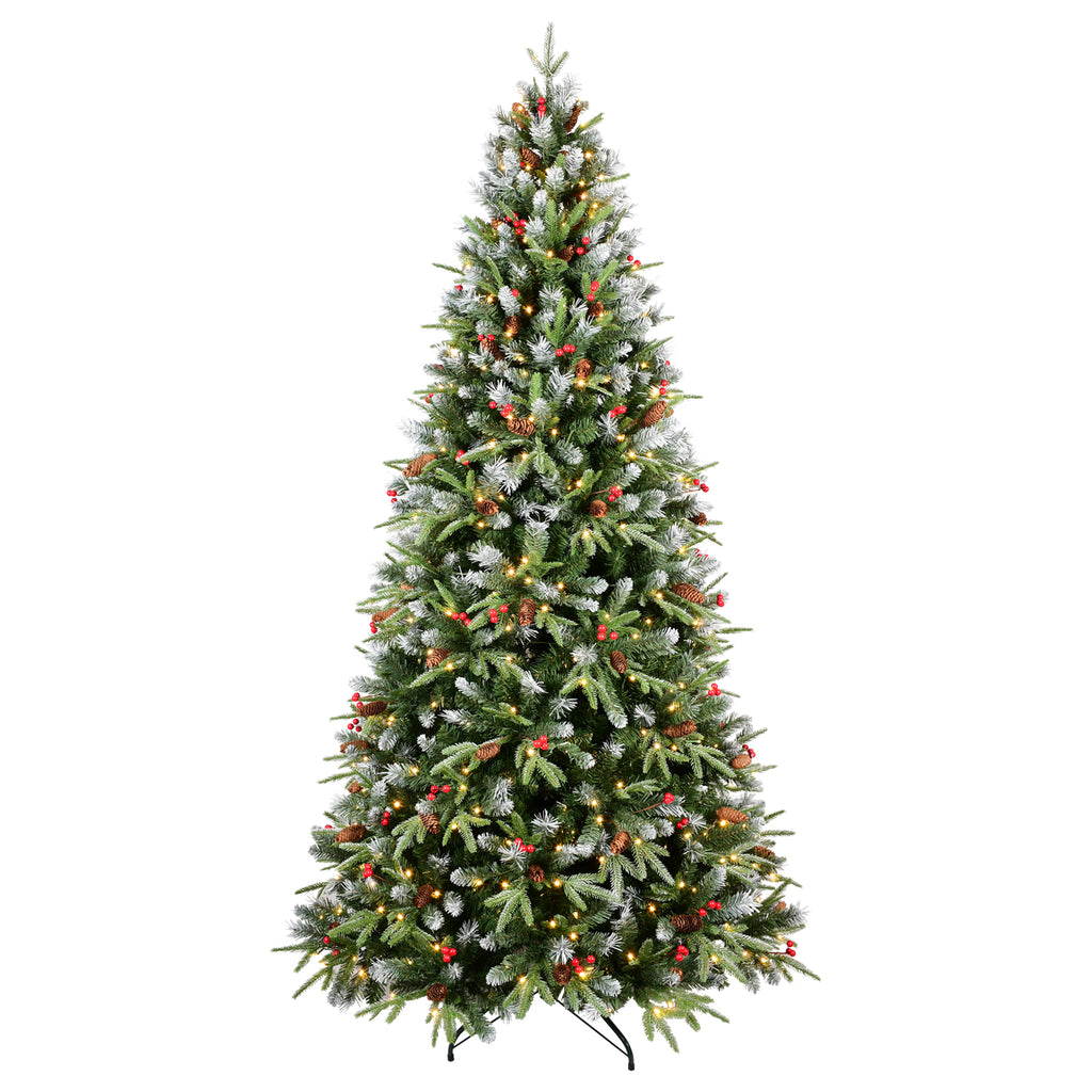 Decorated Christmas tree with lights and berries on a white background