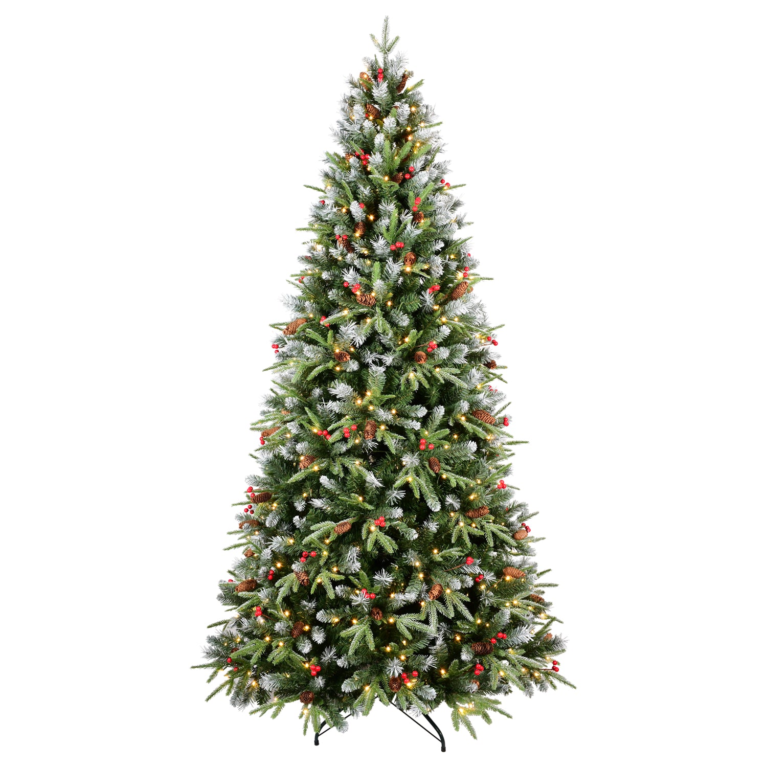 Decorated Christmas tree with lights and berries on a white background