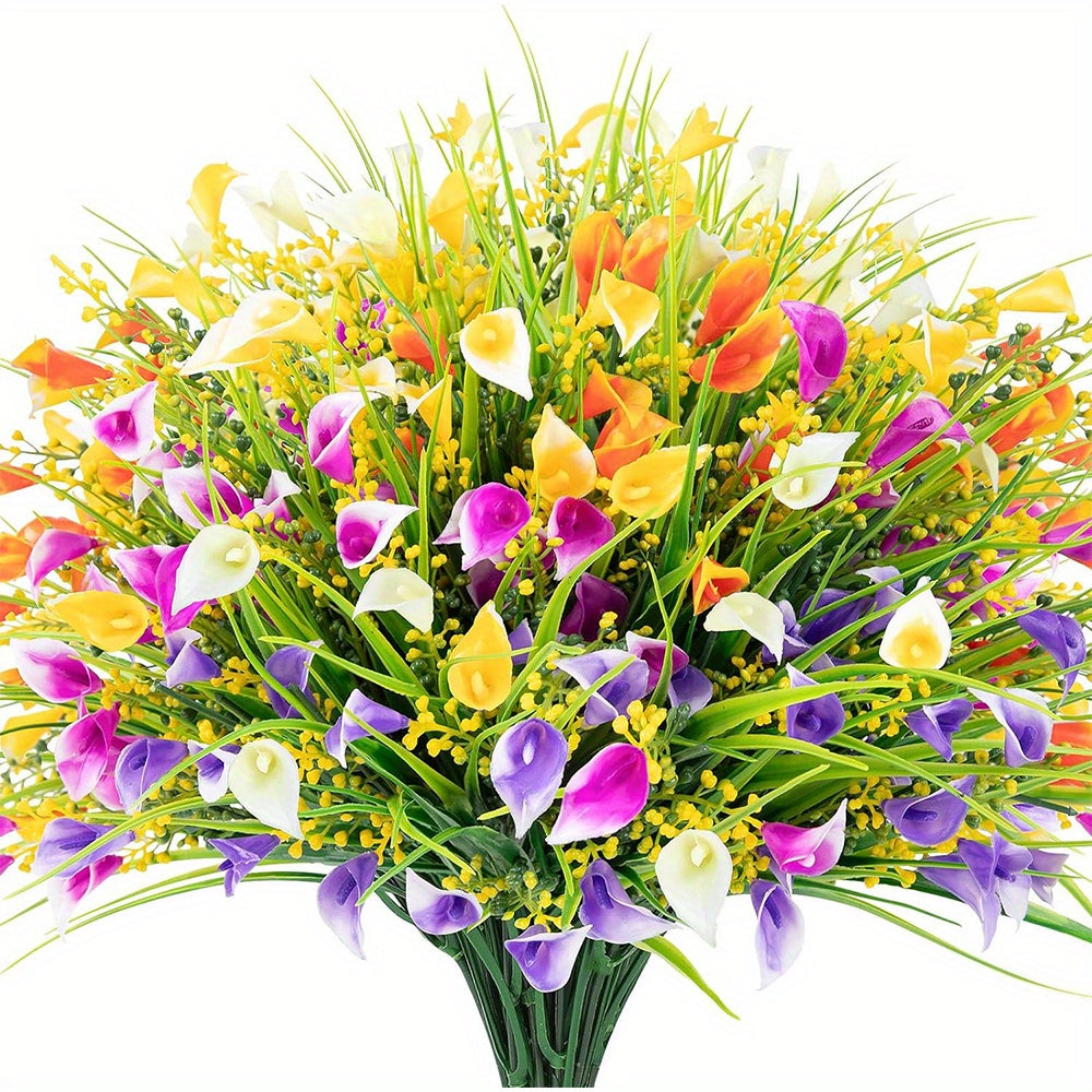 Bouquet of colorful flowers including calla lilies on a white background