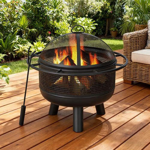 24" Wood Burning Fire Pit – 2-in-1 Grill, Spark Screen, Log Grate & Poker, Black