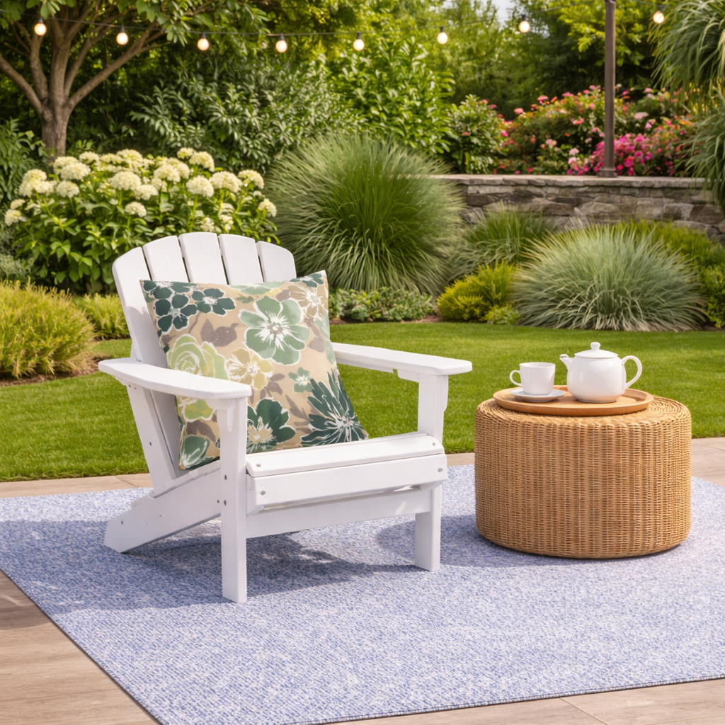 White Adirondack chair with a floral pillow on a patio, next to a woven side table with a teapot and cup.
