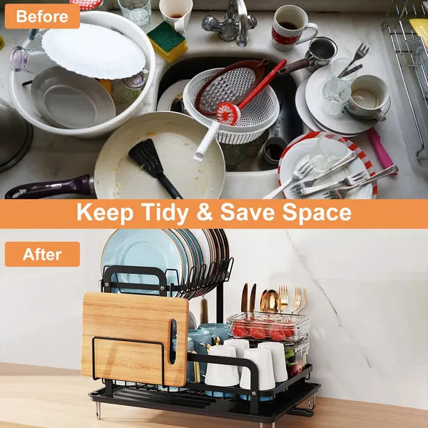 Before and after comparison of a kitchen counter with a dish rack.