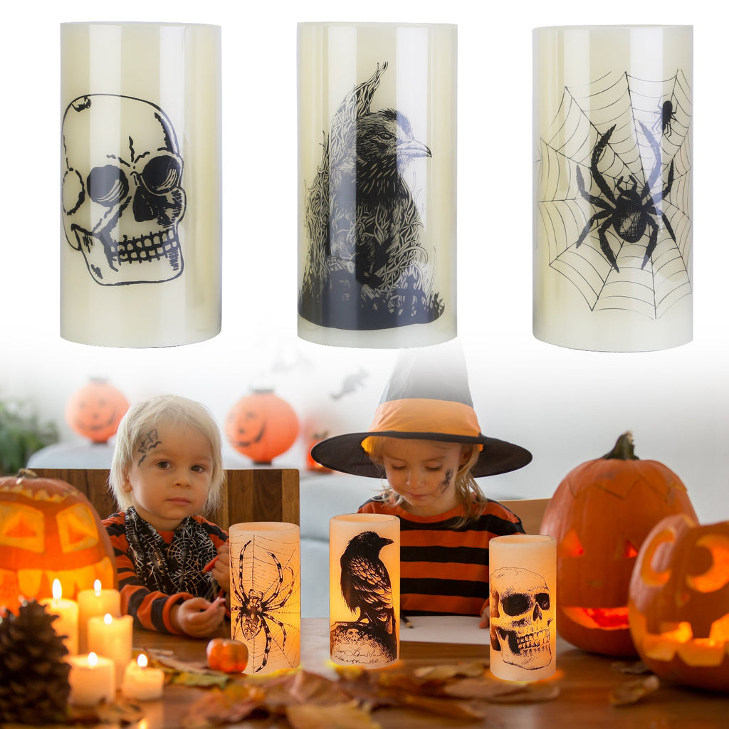 Halloween-themed candles with skull, crow, and spider designs, children in costumes with pumpkins.