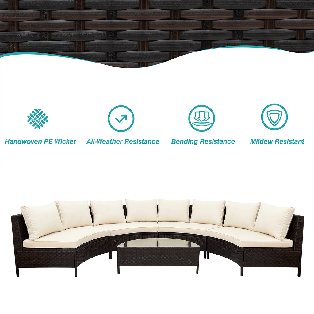 Outdoor furniture set with wicker design and white cushions, featuring durability icons on a white background.