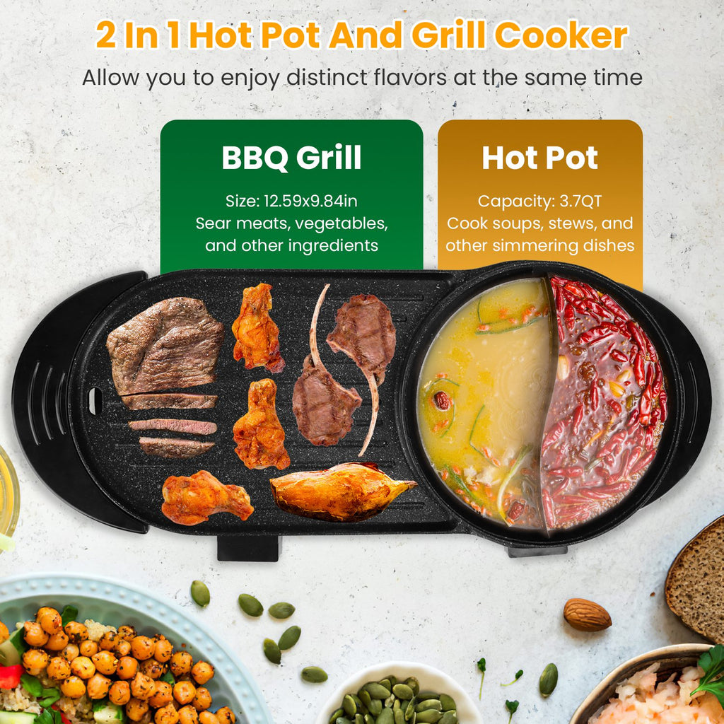2-in-1 hot pot and grill cooker with food items on a white background