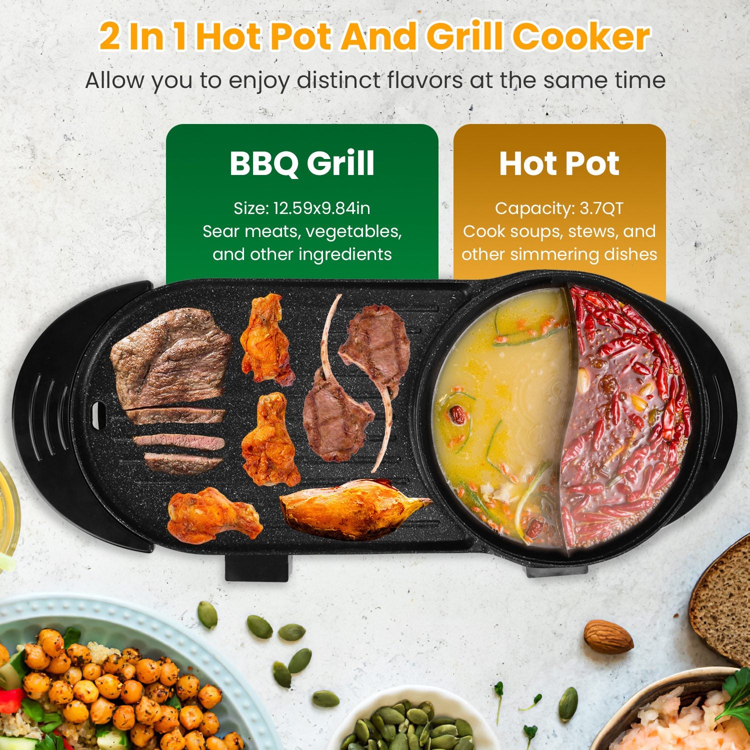 2-in-1 hot pot and grill cooker with food items on a white background