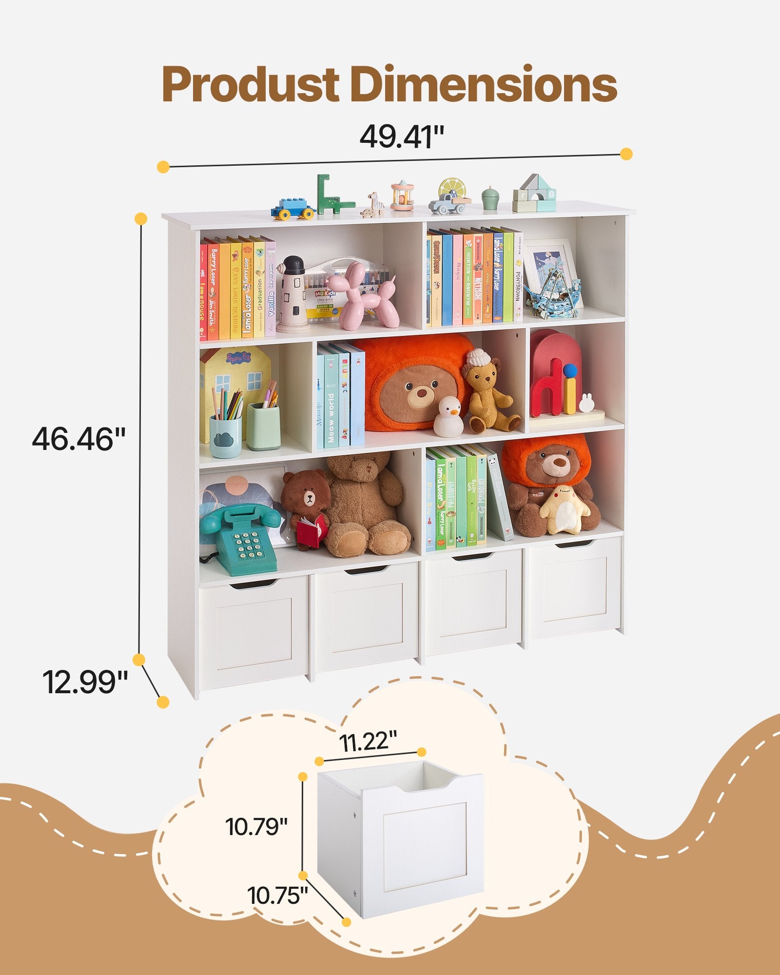White bookshelf with toys and books, showing dimensions on a beige background
