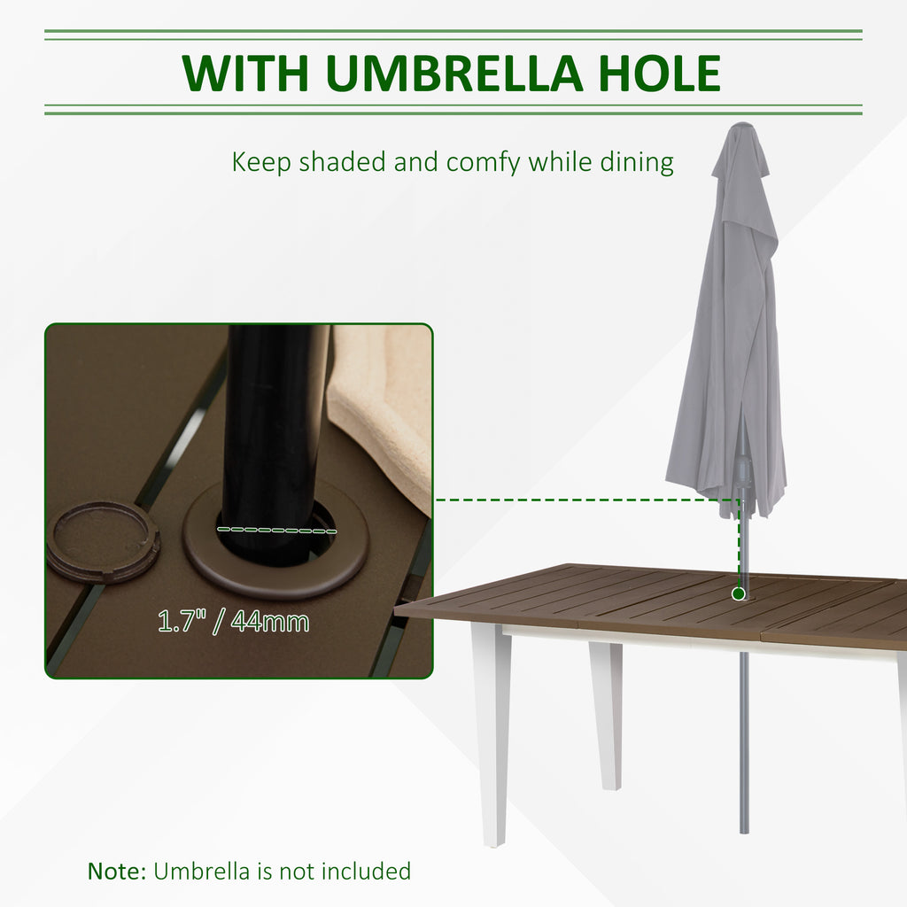 Table with umbrella hole feature for outdoor dining, showing an umbrella and text about shade and comfort.