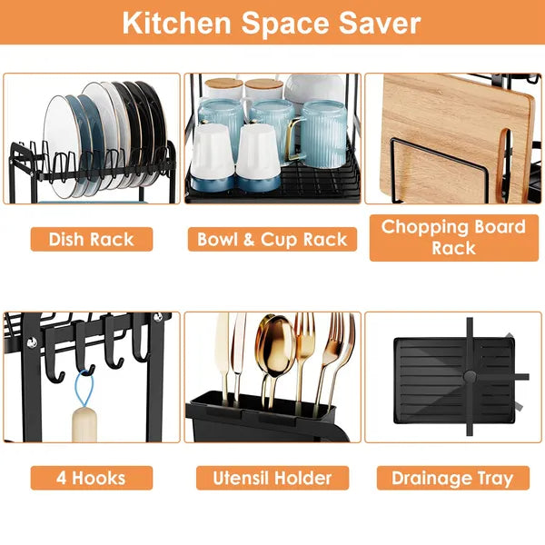 Kitchen organization products including a dish rack, bowl & cup rack, chopping board rack, 4 hooks, utensil holder, and drainage tray.