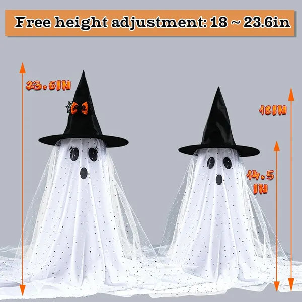 Two Halloween-themed ghost decorations with black hats and measurements on a gray background
