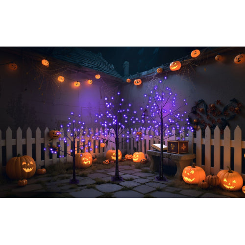 Halloween-themed outdoor scene with lit pumpkins, purple string lights, and a white picket fence.