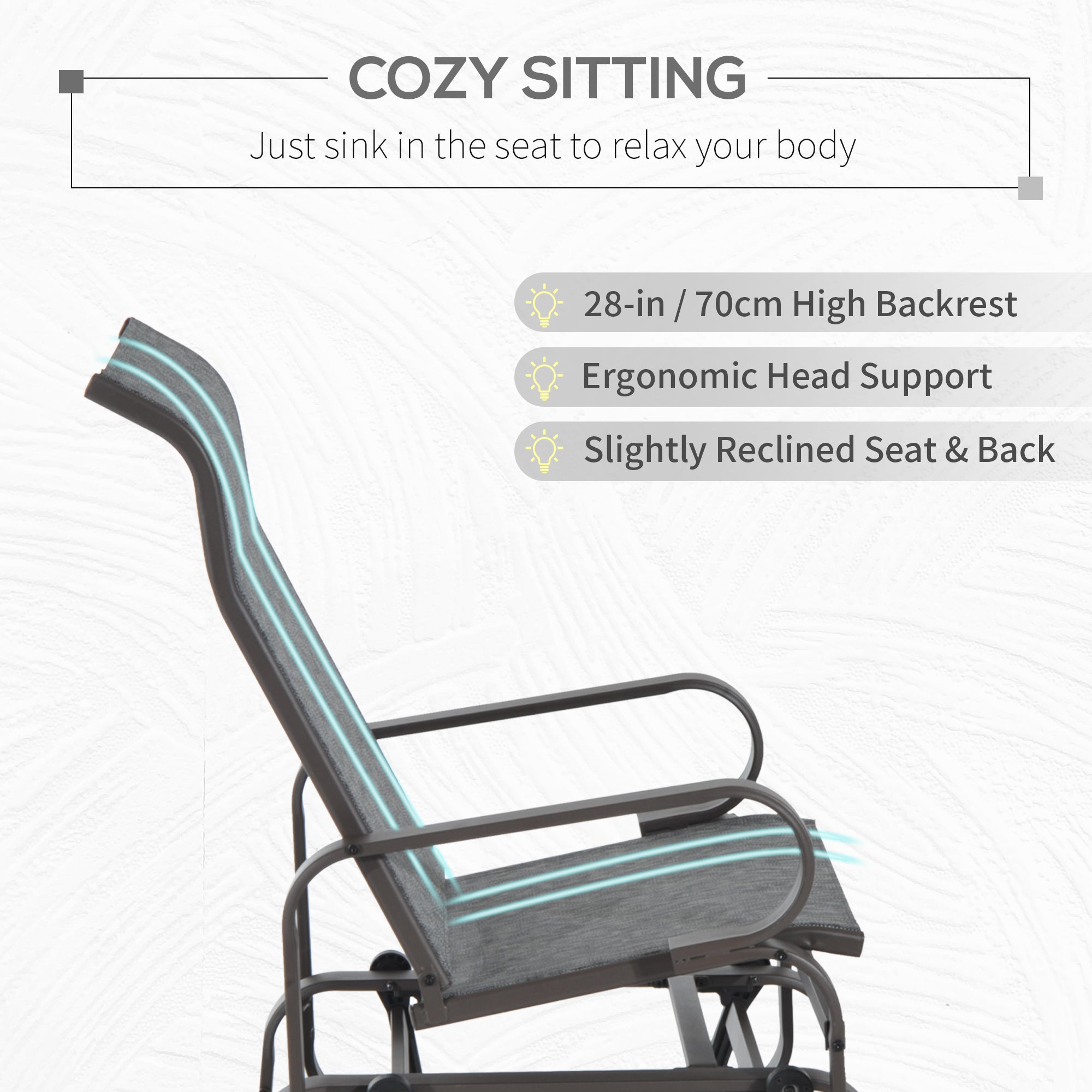 Ergonomic recliner chair with text highlighting features on a white background