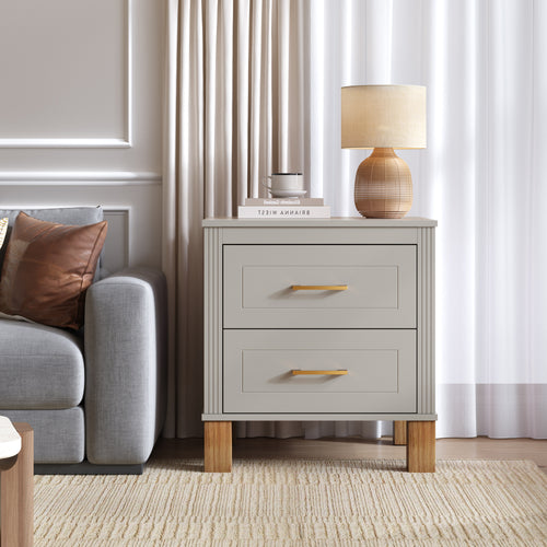 2-Drawer Mid-Century Nightstand with Fluted Design & Solid Wood Legs – Gray