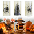 Halloween-themed candles with skull and spider designs, children in costumes around them.