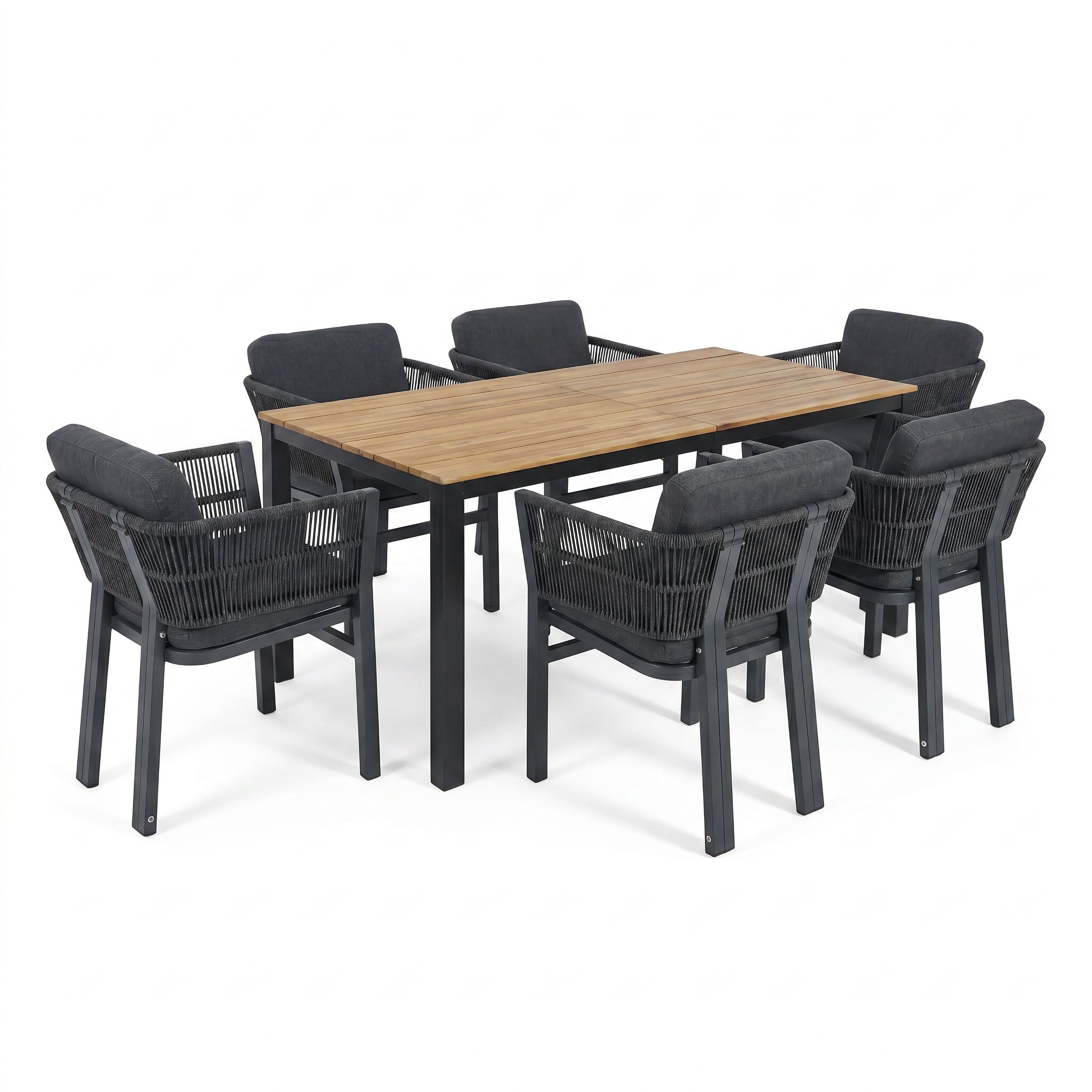 Outdoor furniture set with a wooden table and black chairs on a white background