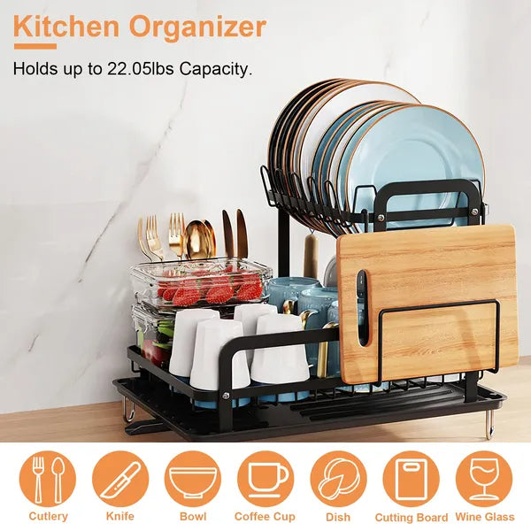 Kitchen organizer with plates, cups, and utensils on a white background