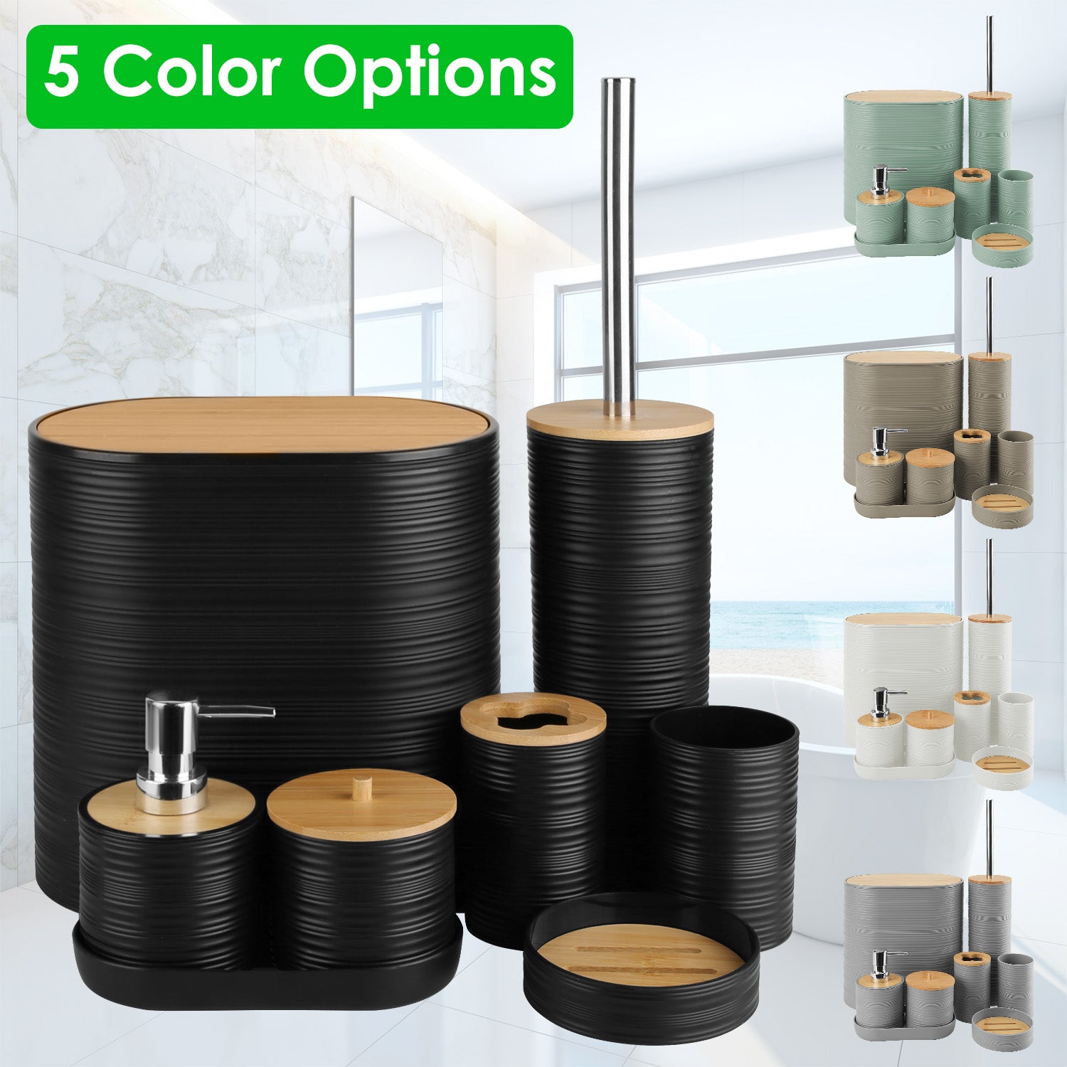 8-Piece Bathroom Accessories Set with Soap Dispenser, Toothbrush Holder, Trash Can & More – ABS & Bamboo
