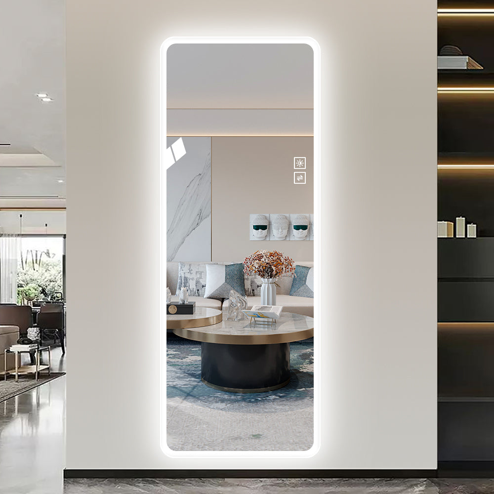 LED Full Length Mirror 65x21.7" — Wall Mounted, 2-Button Control, Rounded Corners | Rimless