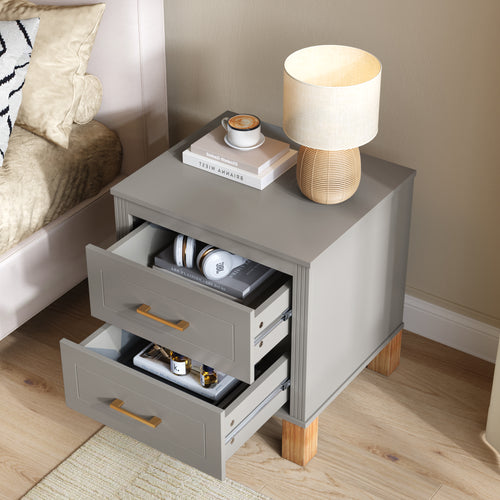 2-Drawer Mid-Century Nightstand with Fluted Design & Solid Wood Legs – Gray