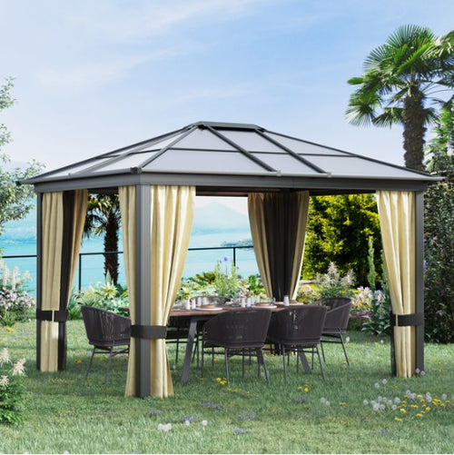 Outdoor gazebo with curtains and chairs in a garden setting