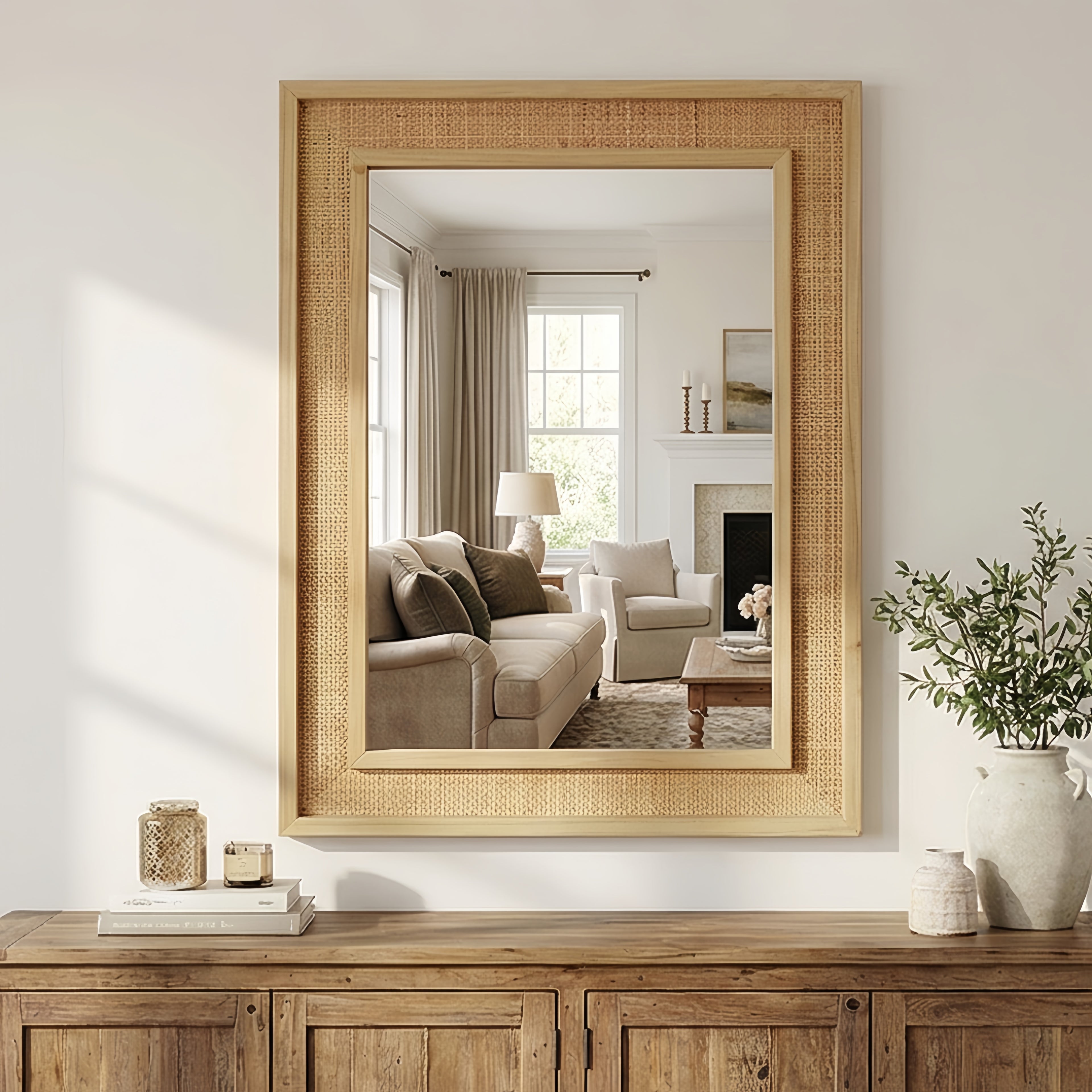 Large wall mirror with wicker frame in a living room setting