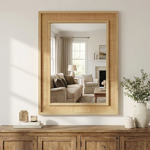 Large wall mirror with wicker frame in a living room setting