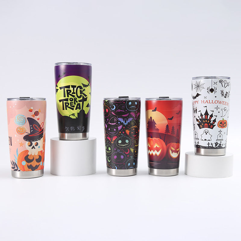 Set of Halloween-themed tumblers on a white background