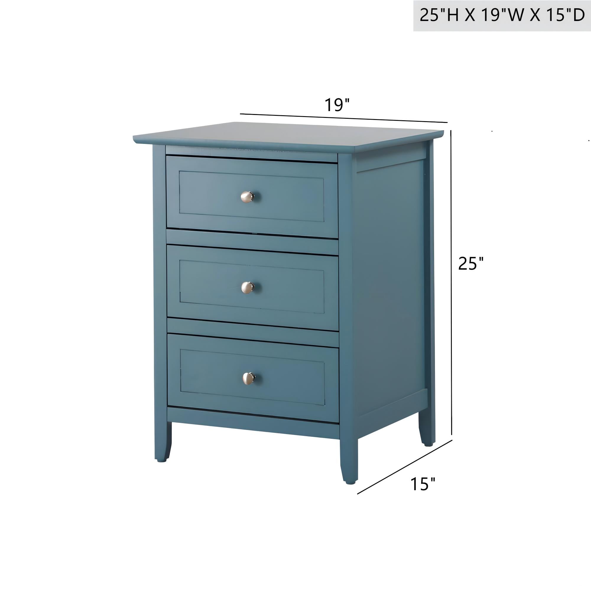 Blue nightstand with dimensions labeled on a white background