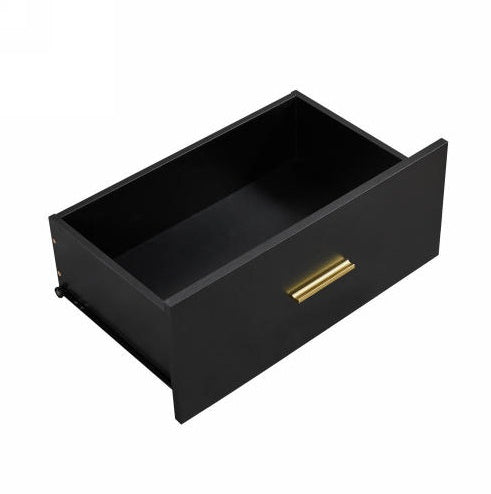 Black drawer with a gold handle on a white background