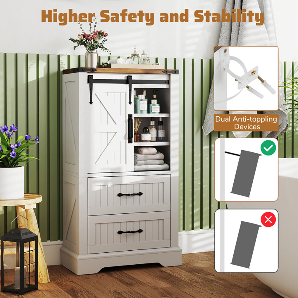 White storage cabinet with shelves and a drawer in a room with green curtains and a plant.