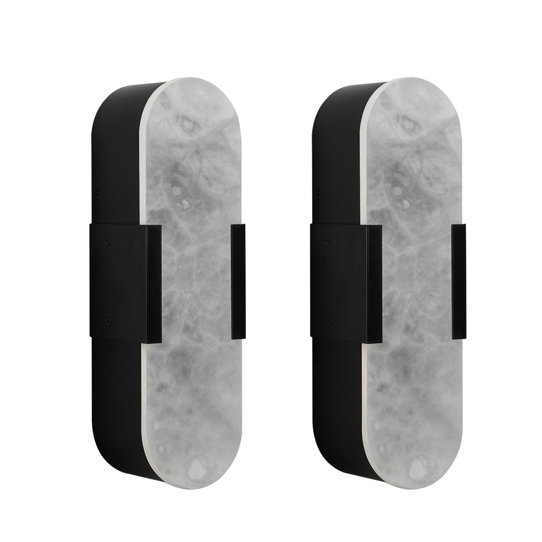 Two cylindrical wall lights with marble-like finish and black accents on a white background