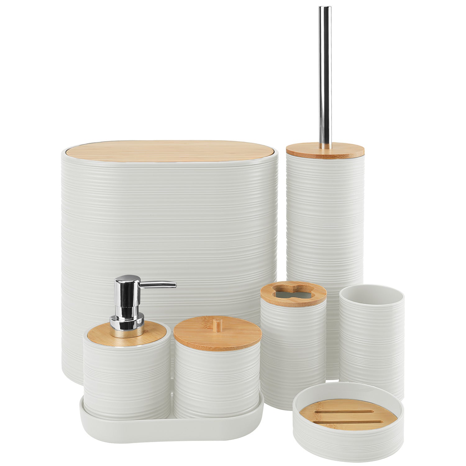 8-Piece Bathroom Accessories Set with Soap Dispenser, Toothbrush Holder, Trash Can & More – ABS & Bamboo