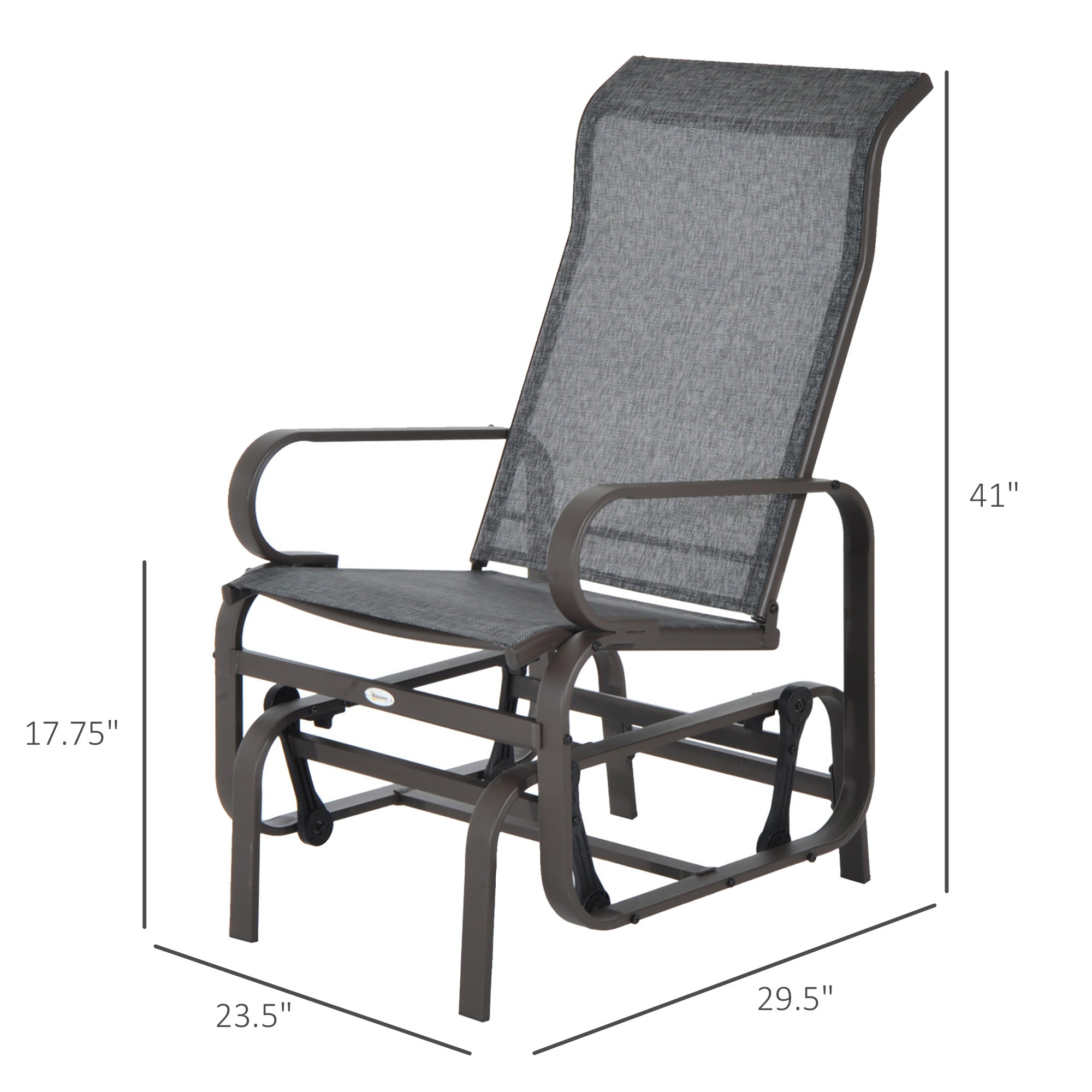 Gray outdoor recliner chair with dimensions on a white background