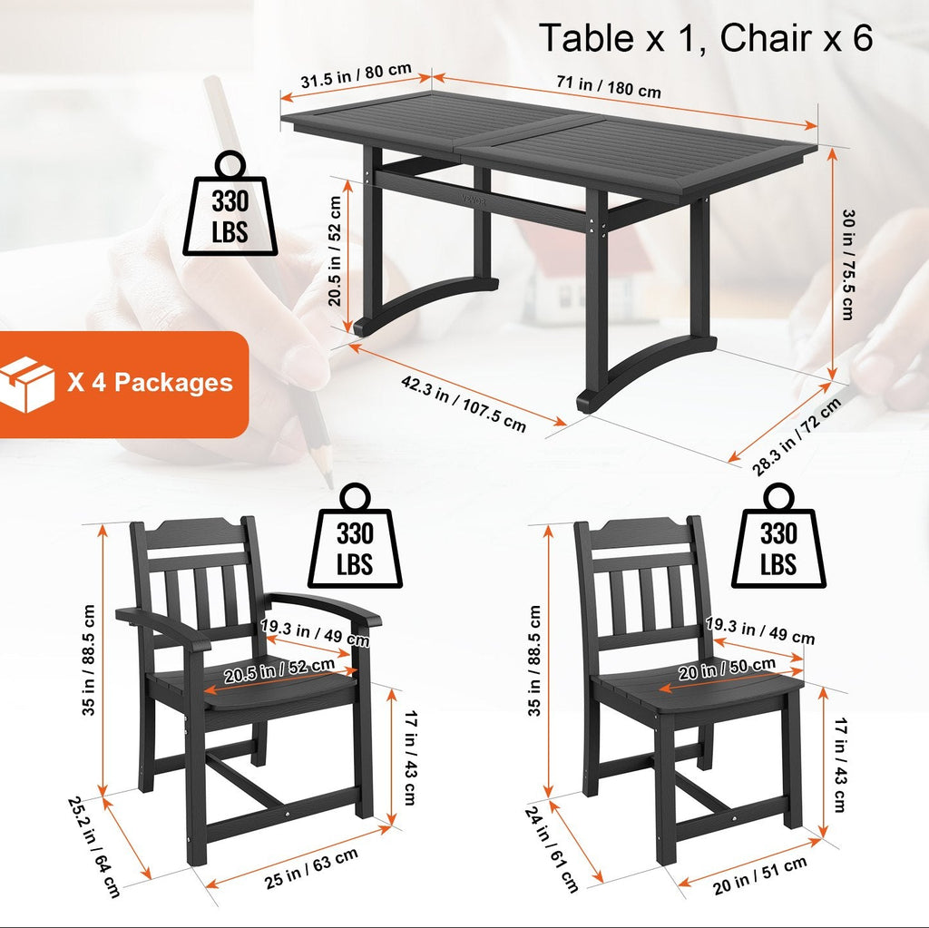 patio dining set with table and chairs, showing dimensions and weight capacity.
