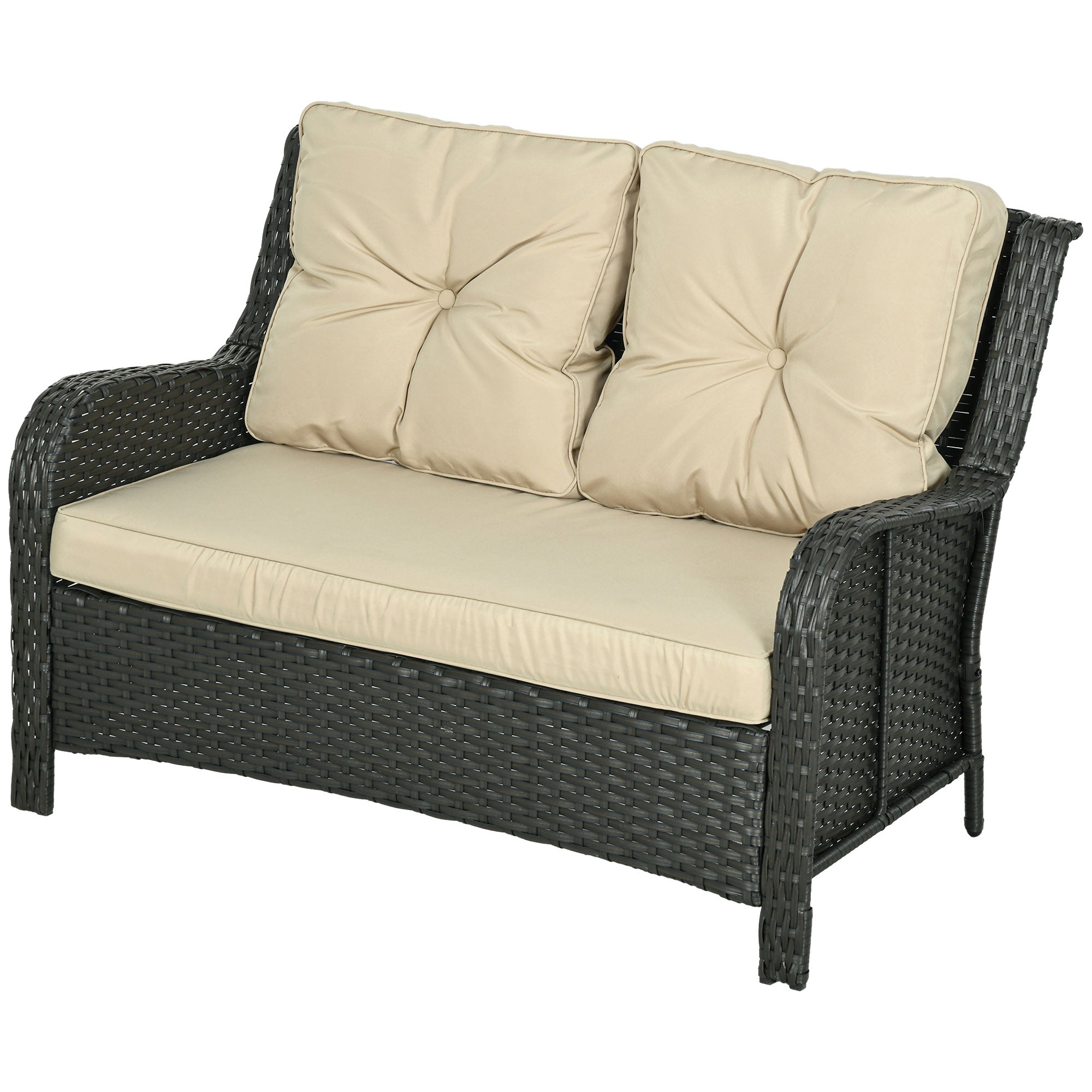 Wicker outdoor loveseat with beige cushions on a white background
