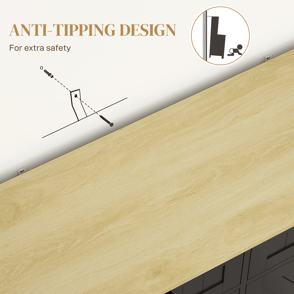 Wooden countertop with anti-tipping design illustration and text on a white background