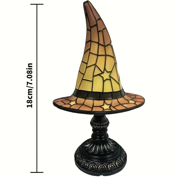 Decorative lamp with stained glass shade and black base, shown with dimensions on a white background.