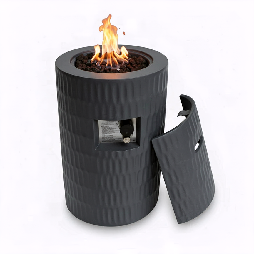 Black cylindrical fire pit with flames on a white background