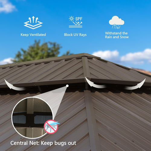 14’ x 24’ Hardtop Gazebo – Galvanized Steel Double Roof, Gutter System, Curtains & Netting, Wood-Look