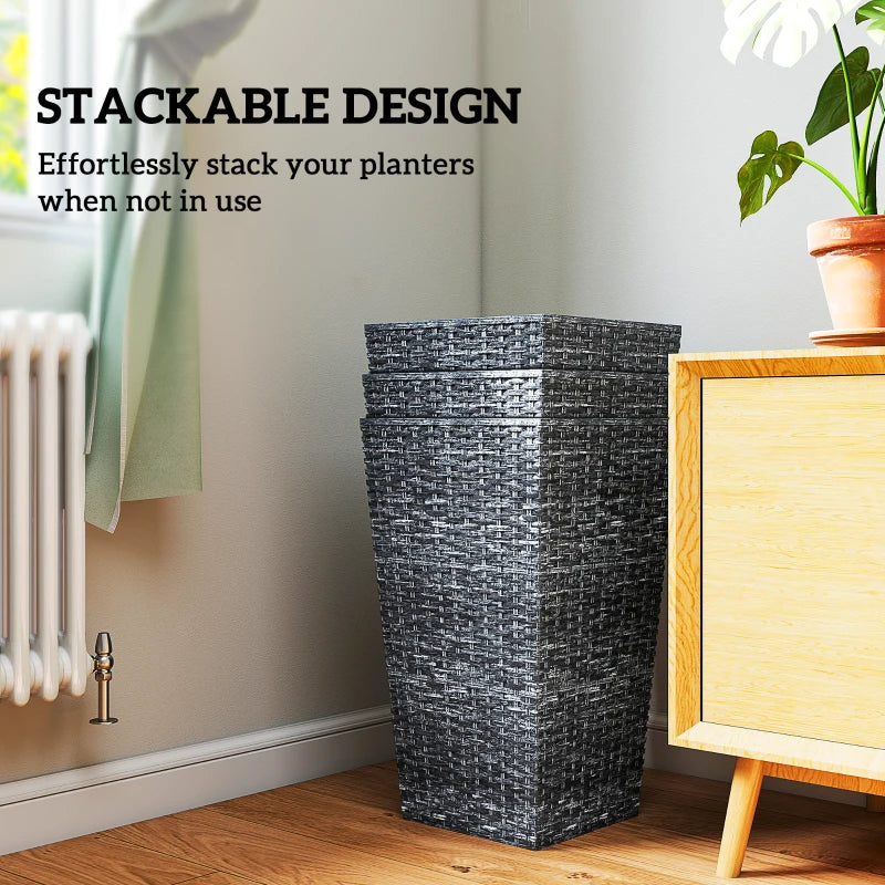 Set of 3 Tall Outdoor Planters | 24" Rattan-Style Tapered Plant Pots with Drainage – Gray