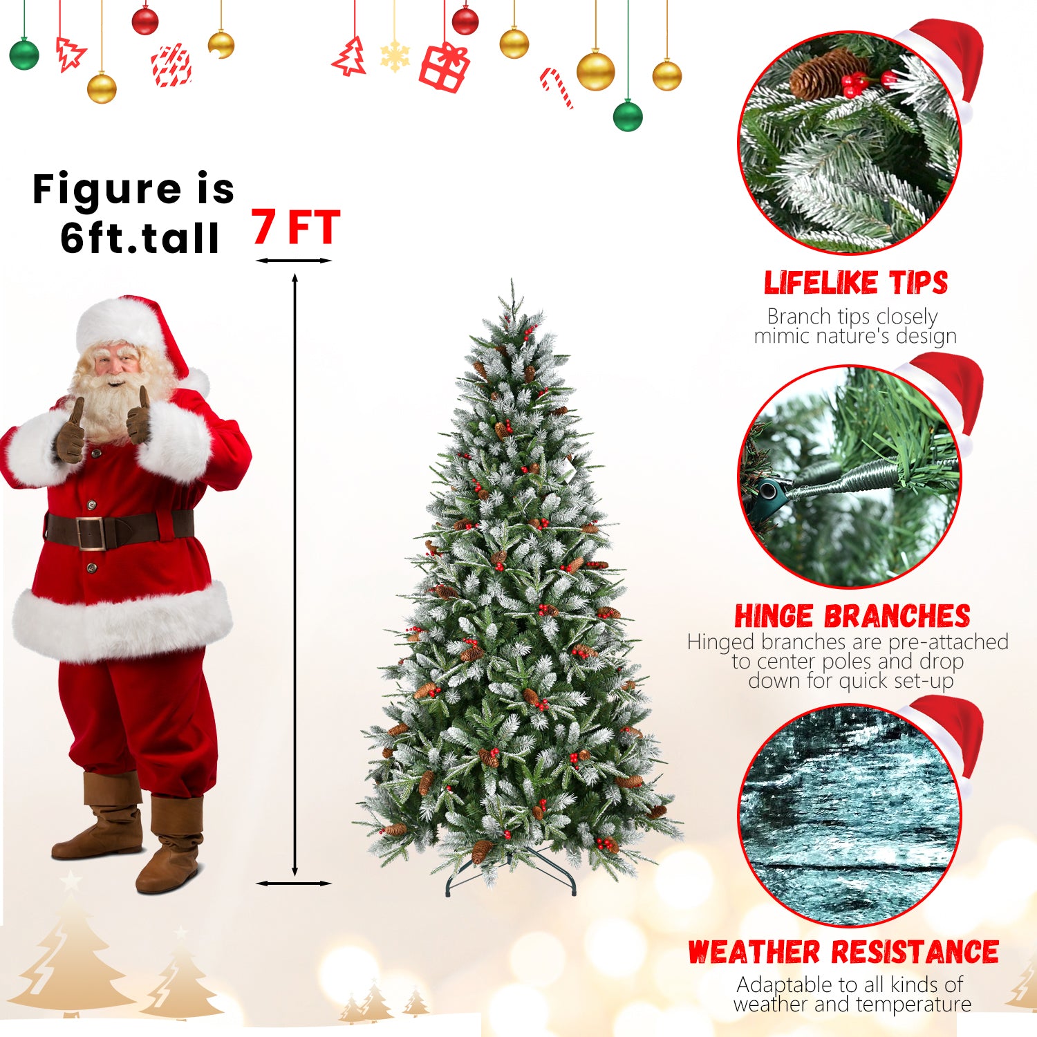 PE/PVC Christmas Tree with Red Berries & Pine Cones – 4ft to 9ft | Realistic Holiday Tree